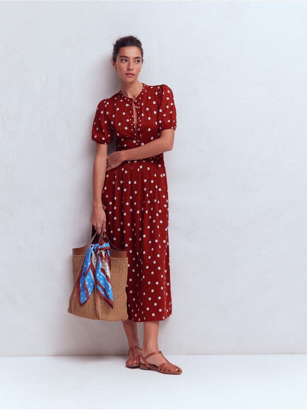 Boden Amber Pleat Jersey Midi Dress Burnt Orange Polka Dot Size 6 NWT - Picture 3 of 9